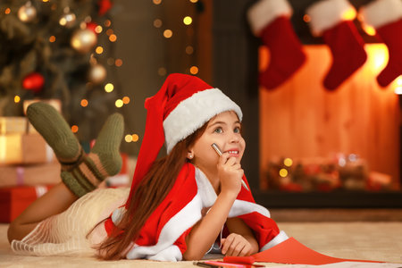 Little girl writing letter to Santa at home on Christmas eveの写真素材