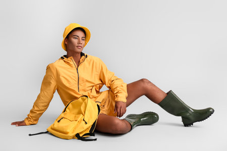 Stylish young African-American man on light backgroundの写真素材