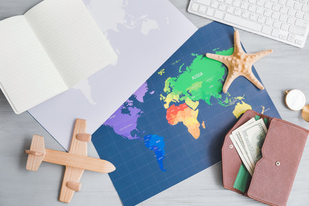 Set of travel items on table