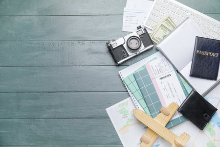 Set of travel items on wooden backgroundの写真素材