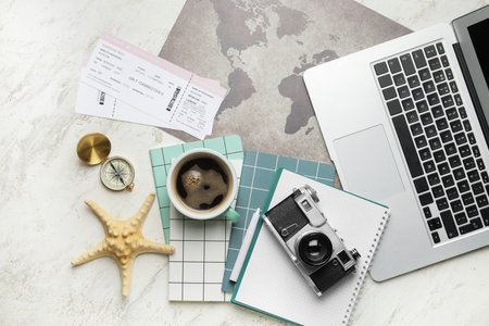 Set of travel items on tableの写真素材