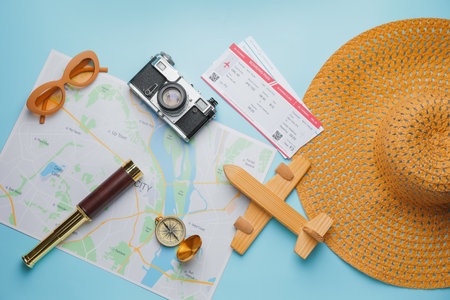 Set of travel items on color backgroundの写真素材