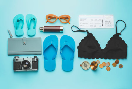 Set of travel items on color backgroundの写真素材