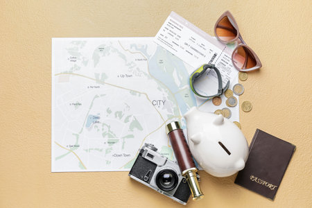 Set of travel items on color backgroundの写真素材