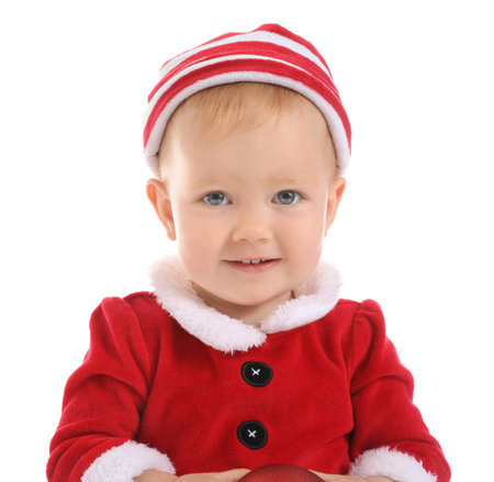 Cute little baby in Christmas costume on white backgroundの写真素材