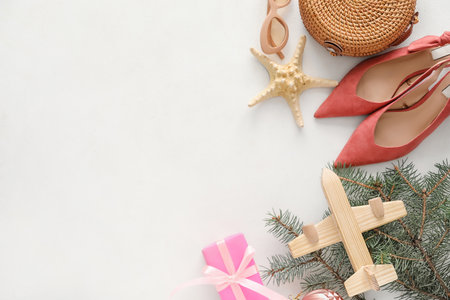 Composition with Christmas decor, airplane and female accessories on white backgroundの写真素材