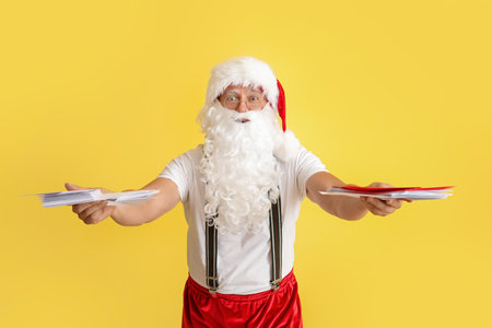 Santa Claus with letters on color backgroundの写真素材
