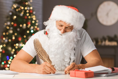 Santa Claus making list of gifts at tableの写真素材