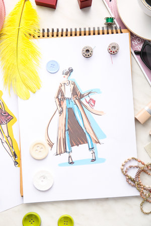 Fashion designer workplace with sketches on light backgroundの写真素材