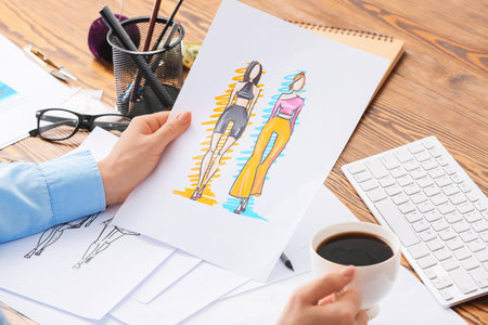 Female fashion designer working with sketches in studio, closeupの写真素材