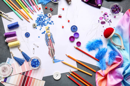 Fashion designer workplace with sketches on dark backgroundの写真素材