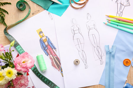 Fashion designer workplace with sketches on wooden backgroundの写真素材
