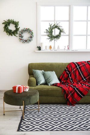 Interior of modern room decorated for Christmas