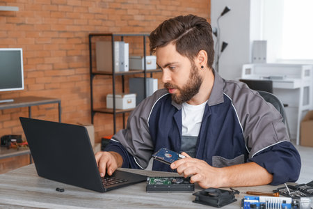 Technician repairing computer in service centerの写真素材