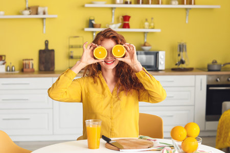 Funny young woman with fresh oranges in the kitchenの写真素材