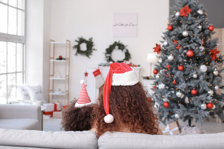 Cute African-American girl and her mother at home on Christmas eveの写真素材
