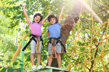 Happy children climbing in adventure parkの写真素材