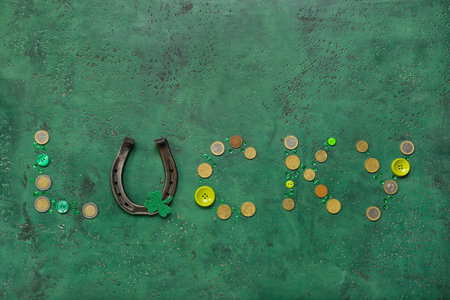 Word LUCKY made of buttons, sequins, horseshoe and clover on grunge background. St. Patrick's Day celebrationの写真素材