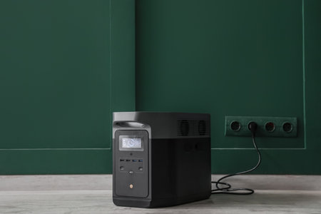 Portable power station near green wall