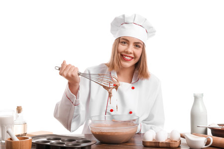Female baker making dough at table on white backgroundの写真素材