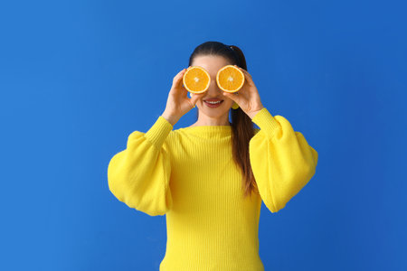 Funny young woman with orange slices on color backgroundの写真素材