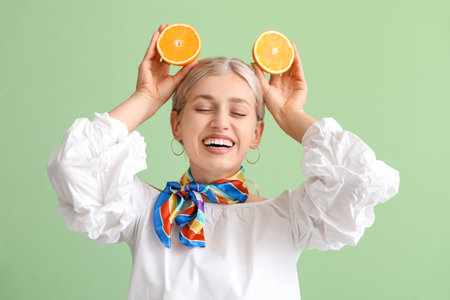Funny young woman with cut orange on color background
