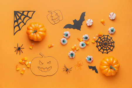 Halloween composition with tasty treats on color backgroundの写真素材