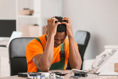 Stressed technician repairing PC in service centerの写真素材