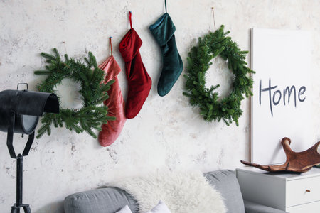 Interior of beautiful living room decorated for Christmas