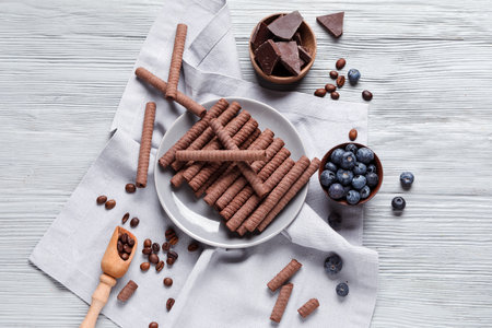 Plate with delicious chocolate wafer rolls and blueberries on gray wooden background