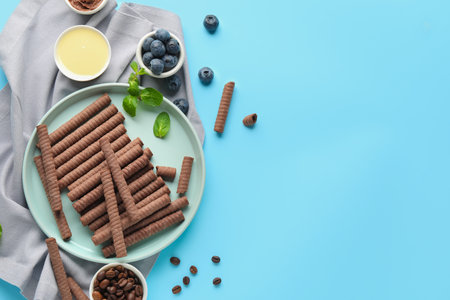 Composition with delicious chocolate wafer rolls, blueberries, coffee beans, condensed milk and mint on blue backgroundの写真素材