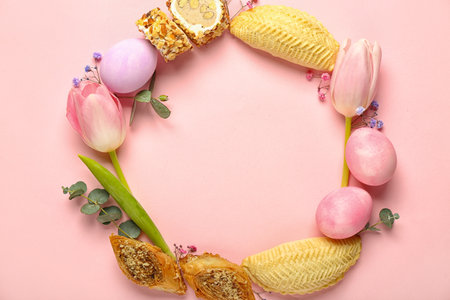 Frame made of flowers, eggs and treats on pink background. Novruz Bayram celebrationの写真素材