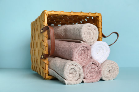 Basket with rolled clean rolled towels on color backgroundの写真素材