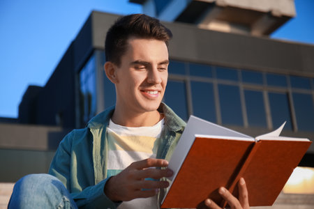 young man reading book outdoors