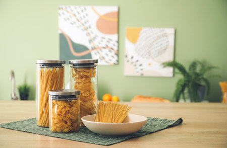 Jars and plate with uncooked pasta on kitchen counter