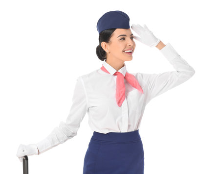 Beautiful stewardess on white backgroundの写真素材