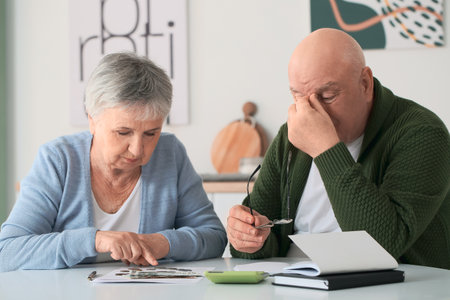 Stressed senior couple counting money at home