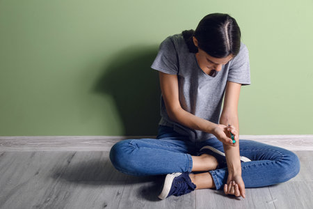 Female junkie giving herself injection while sitting on floorの写真素材