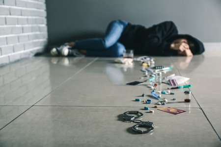 Female junkie and drugs on floorの写真素材