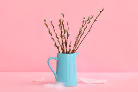 Jug with pussy willow branches and feathers on pink backgroundの写真素材