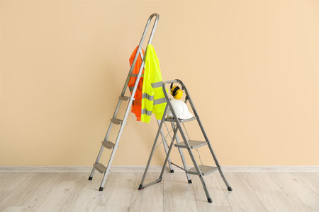 Stepladders with builder's equipment and reflective vests near beige wallの写真素材