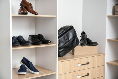 Shelves with shoes in modern storeの写真素材