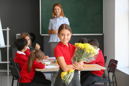 Little schoolgirl with bouquet for her teacher in classroomの写真素材