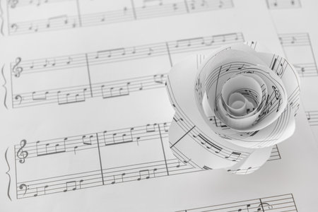Rose made of music sheets with notesの写真素材
