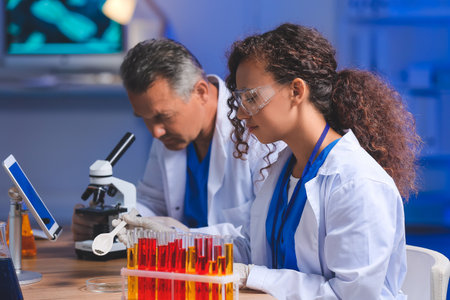 Scientists working with samples in laboratoryの写真素材