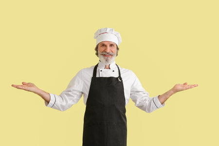 Mature male chef on color backgroundの写真素材