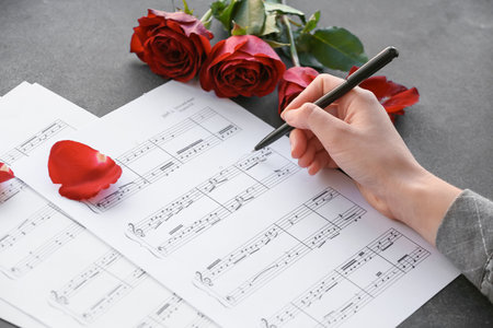 Female hand with pen, roses and music sheets on dark backgroundの写真素材