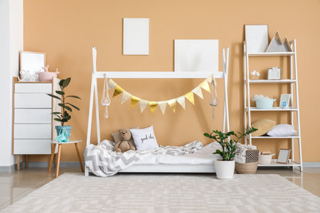 Interior of modern children's room with stylish bedの写真素材