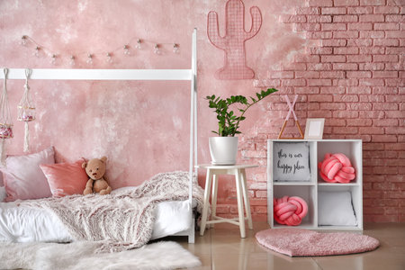 Interior of modern children's room with stylish bedの写真素材