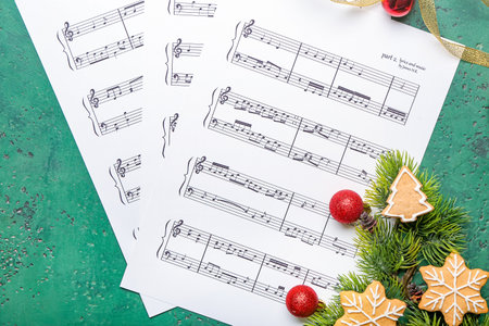 Music sheets with notes and Christmas decor on color backgroundの写真素材